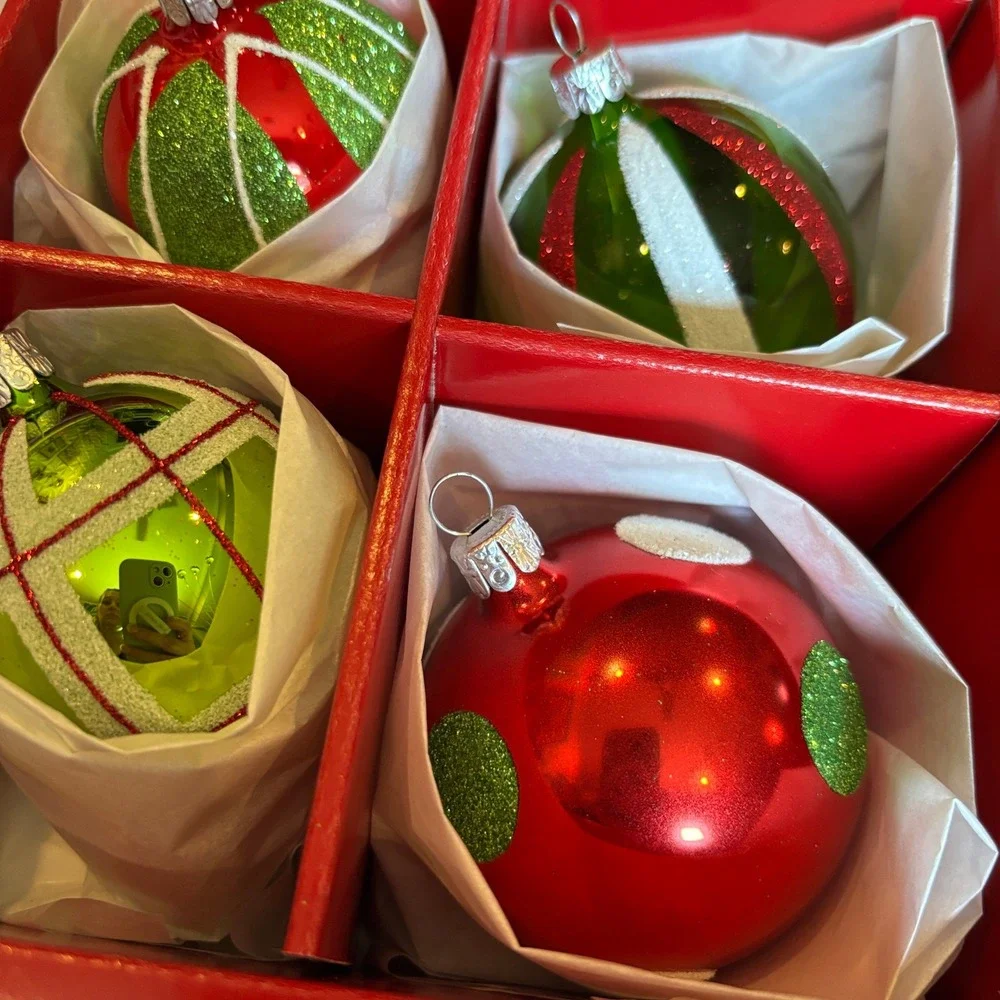 Crate and Barrel Glass Ornaments Set of 12 Red Green Glitter Handcrafted Czech